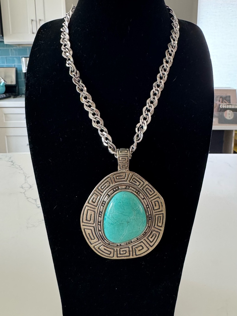 Turquoise Statement Pendant Necklace - Silver-Tone Chain